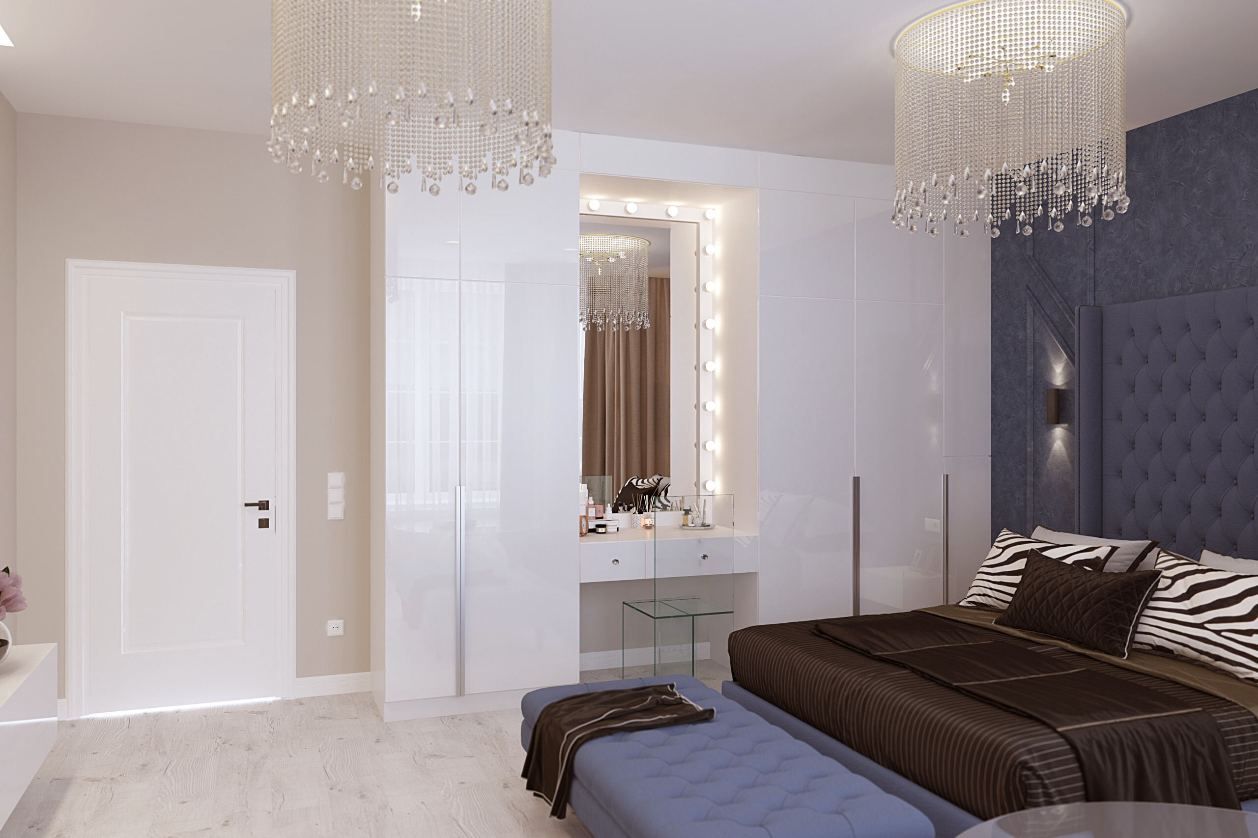 Интерьер спальни cветовыми линиями, зеркалом на двери, подсветкой настенной и подсветкой светодиодной