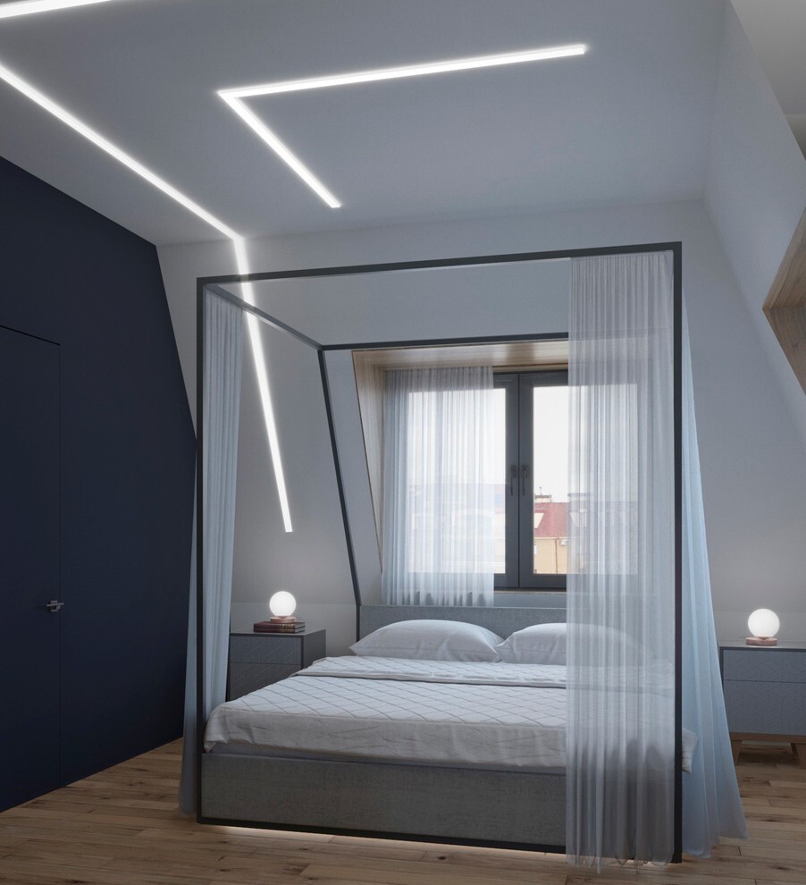 Интерьер спальни cветовыми линиями, рейками с подсветкой, подсветкой настенной, подсветкой светодиодной, светильниками над кроватью и с подсветкой