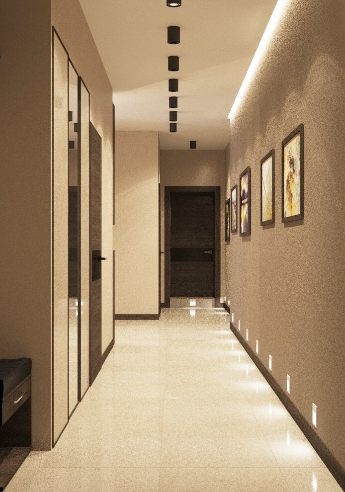 Интерьер коридора с подсветкой настенной и подсветкой светодиодной в современном стиле