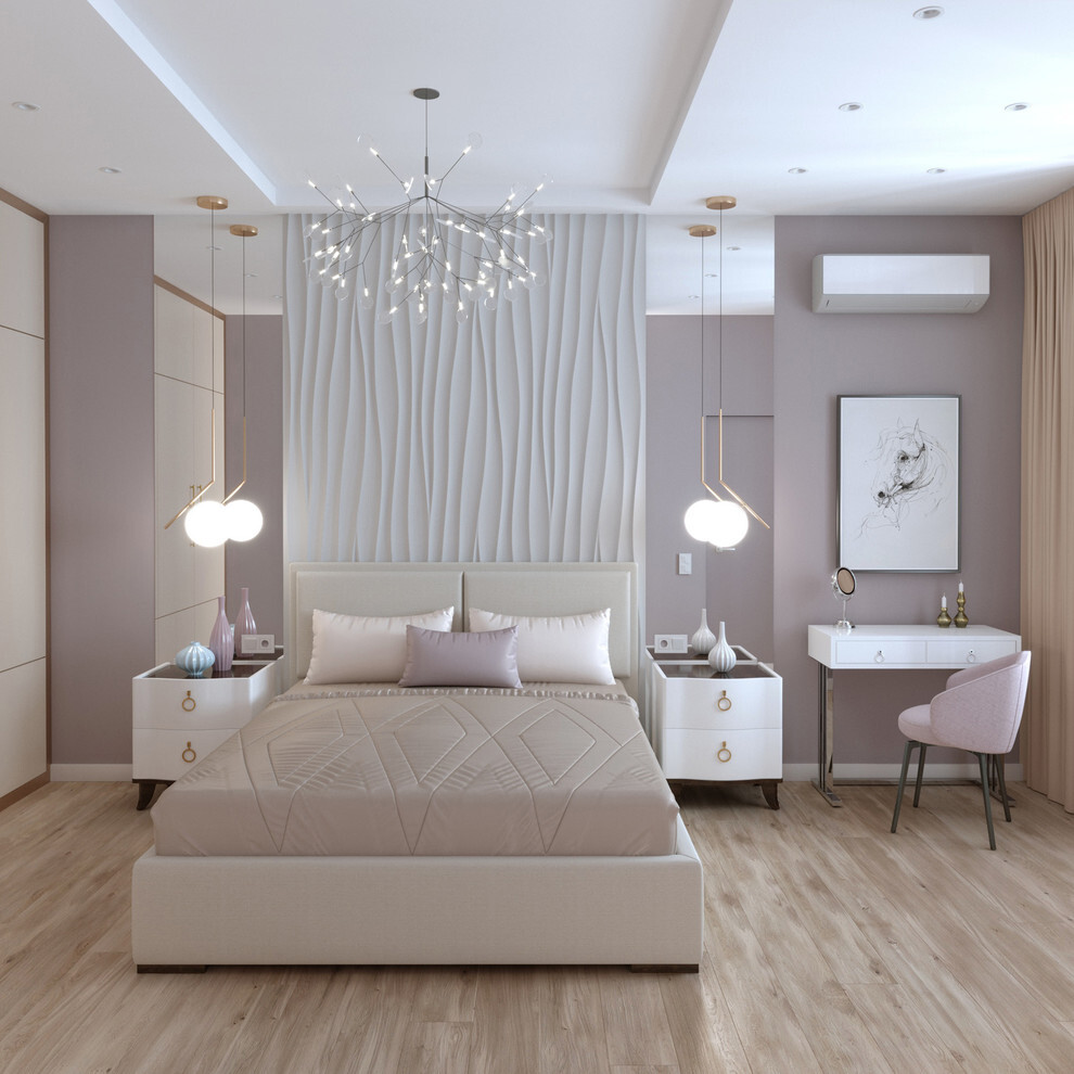 Интерьер спальни с рейками с подсветкой, подсветкой настенной, подсветкой светодиодной, светильниками над кроватью и с подсветкой
