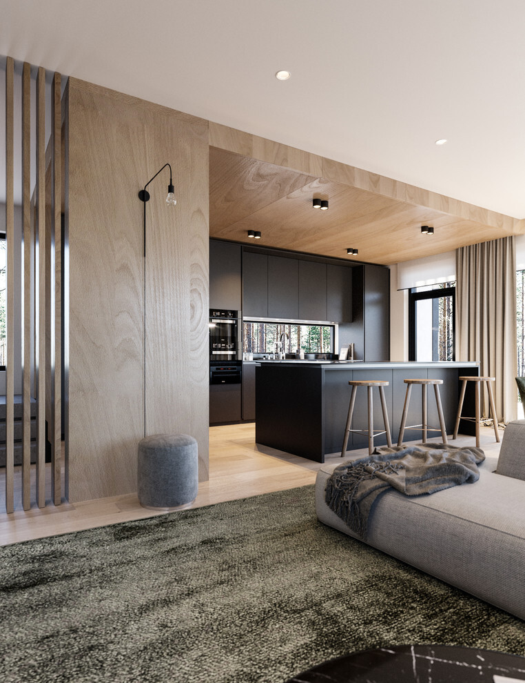 Интерьер гостиной с зонированием рейками и вертикальными жалюзи в современном стиле