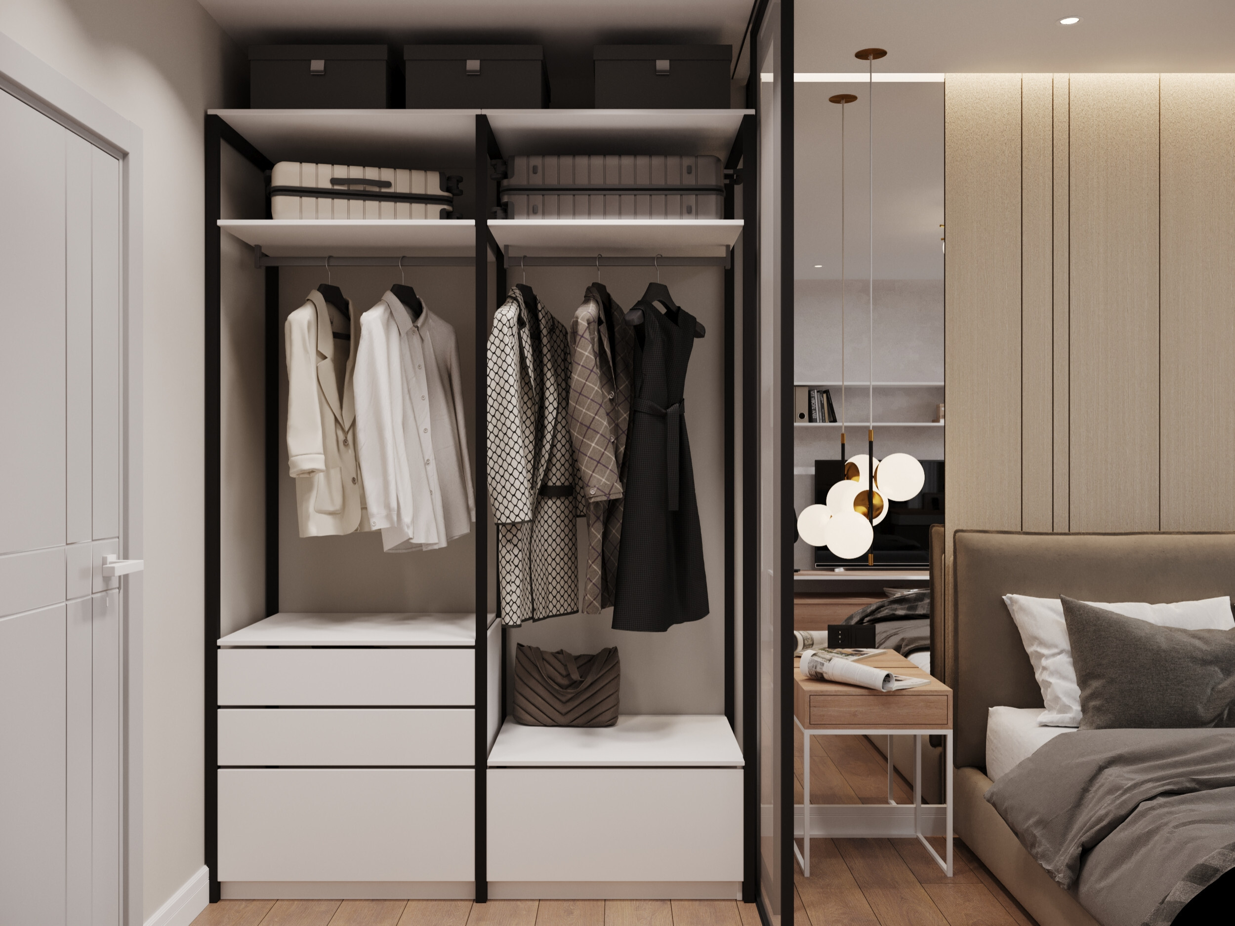 Интерьер гардеробной с гардеробной, кладовкой, гардеробной зой кроватью, шкафом над кроватью, шкафом у кровати и хранением верхней одежды в современном стиле