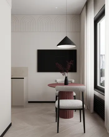Интерьер кухни cветильниками над столом  смотреть на Basicdecor