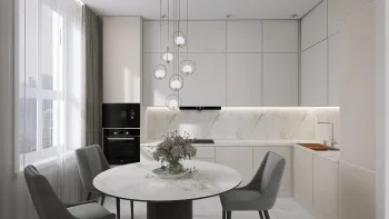 Интерьер кухни cветильниками над столом  смотреть на Basicdecor
