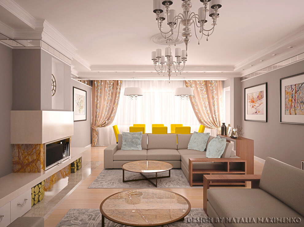 Интерьер гостиной с проходной в классическом стиле, в восточном стиле и ампире