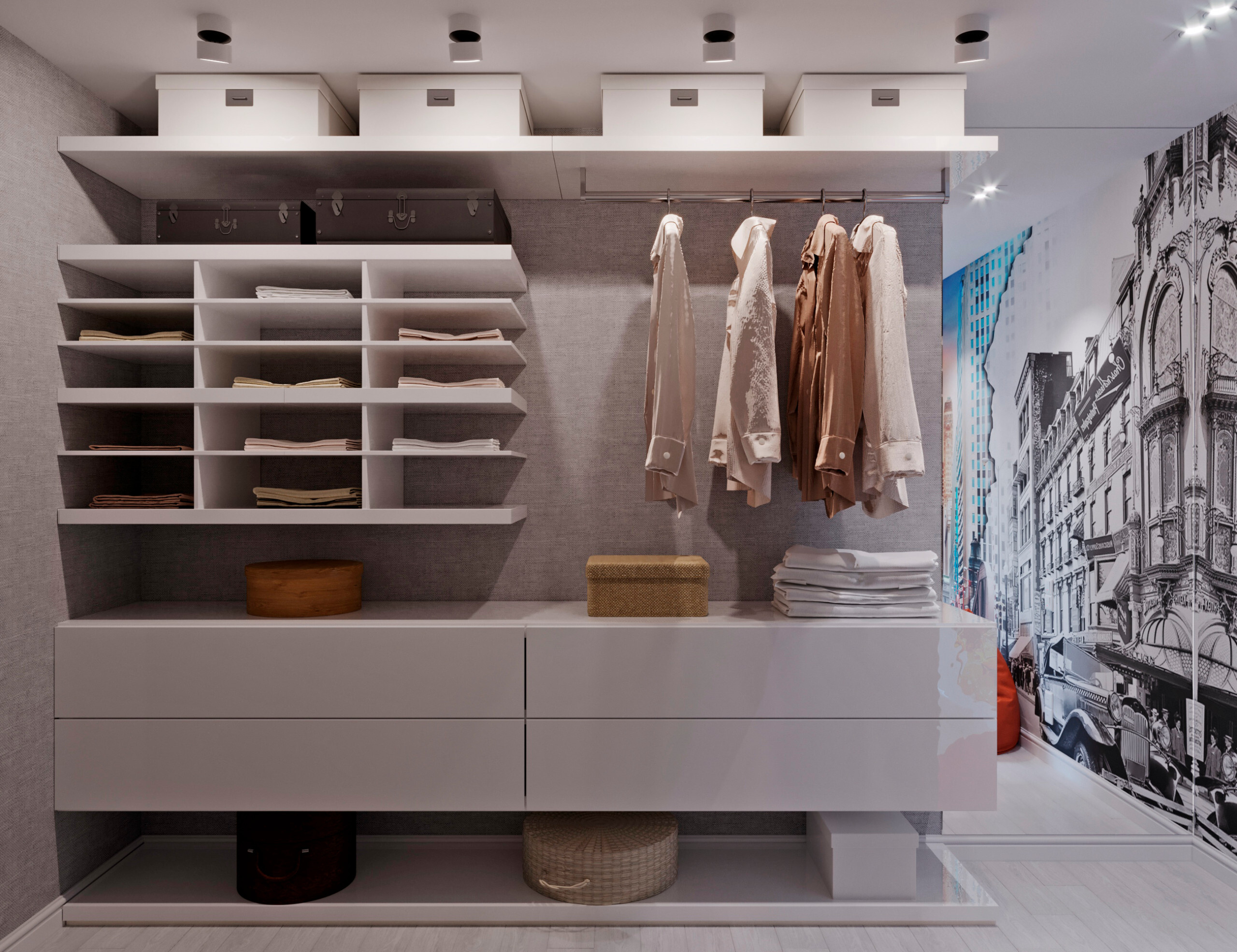 Интерьер гардеробной с гардеробной, проходной, кладовкой, гардеробной со шторой и гардеробной зой кроватью