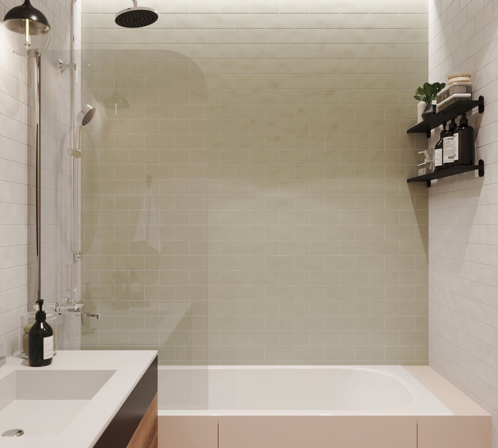 Интерьер ванной с душевой из плитки в стиле лофт и скандинавском стиле