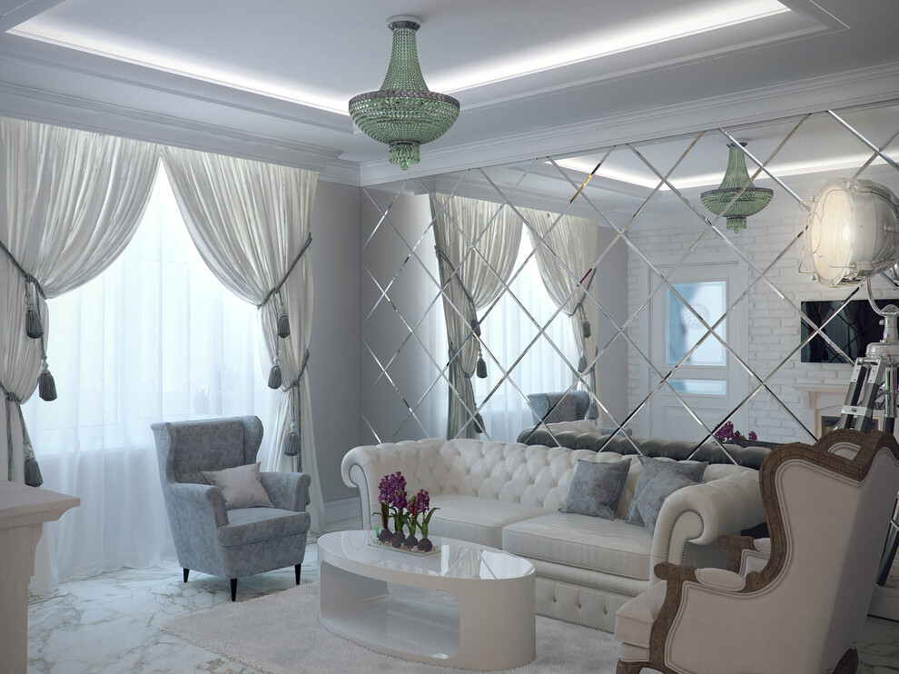 Интерьер гостиной с окном, проходной и аркой в классическом стиле и готике