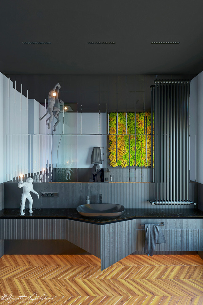 Интерьер ванной с вертикальными жалюзи в современном стиле