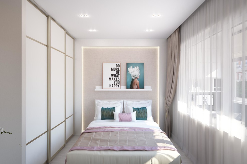 Интерьер спальни с нишей с подсветкой, бра над кроватью, подсветкой настенной, подсветкой светодиодной, светильниками над кроватью и с подсветкой в современном стиле