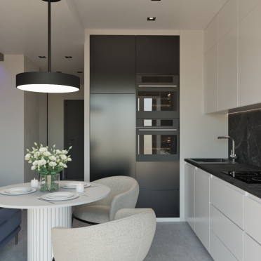 Интерьер кухни cветильниками над столом и с подсветкой  смотреть на Basicdecor