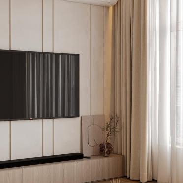 Интерьер гостиной с телевизором на рейках  смотреть на Basicdecor