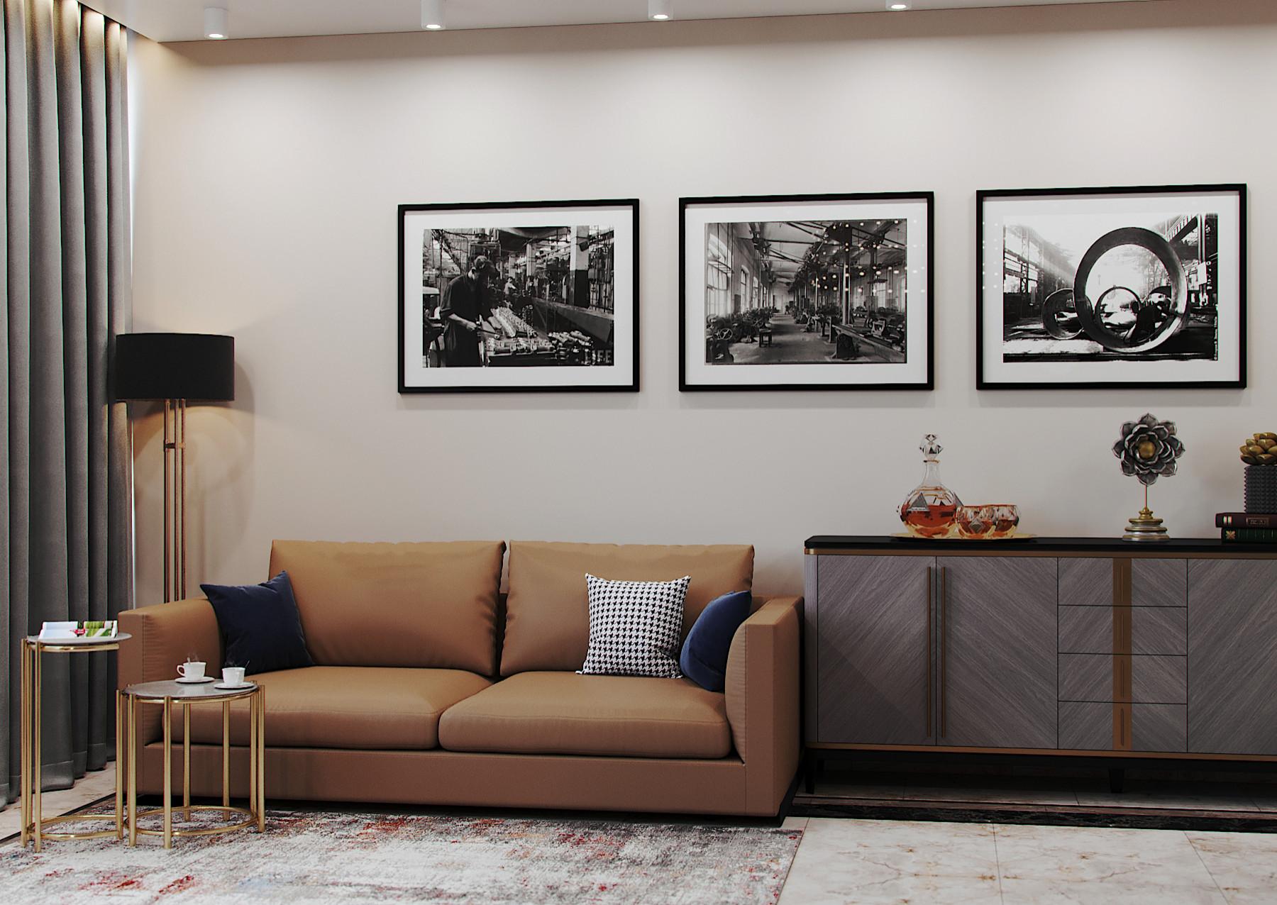 Интерьер гостиной с панно за телевизором в современном стиле
