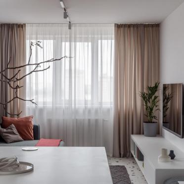 Интерьер гостиной с зонированием шторами  смотреть на Basicdecor