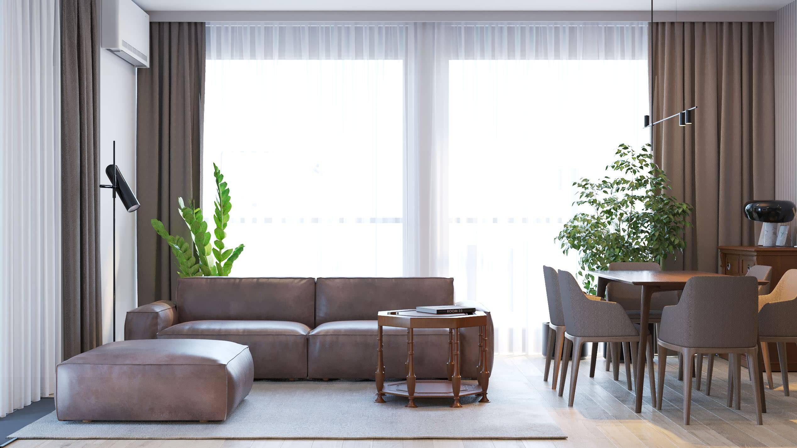 Интерьер гостиной с окном и вертикальными жалюзи
