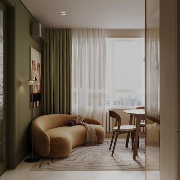 Интерьер кухни с зонированием шторами и балконом  смотреть на Basicdecor