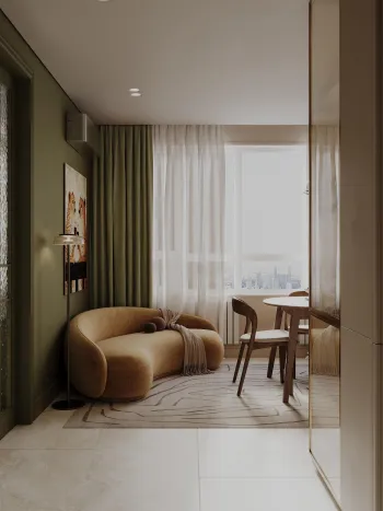 Интерьер кухни с зонированием шторами и балконом  смотреть на Basicdecor