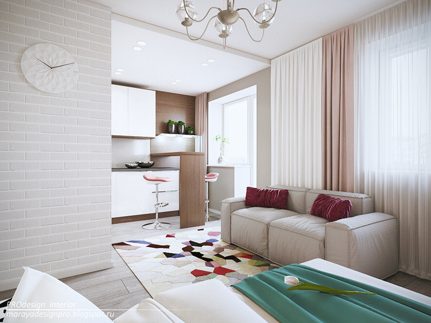 Интерьер гостиной с зонированием и проходной в современном стиле