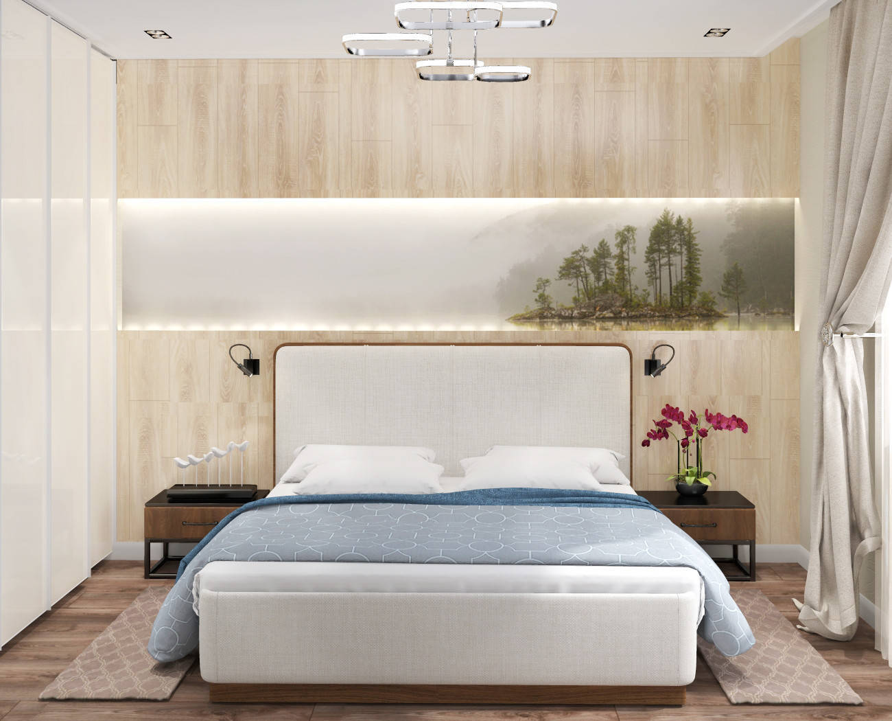 Интерьер спальни cветовыми линиями, рейками с подсветкой, подсветкой настенной, подсветкой светодиодной и светильниками над кроватью в современном стиле