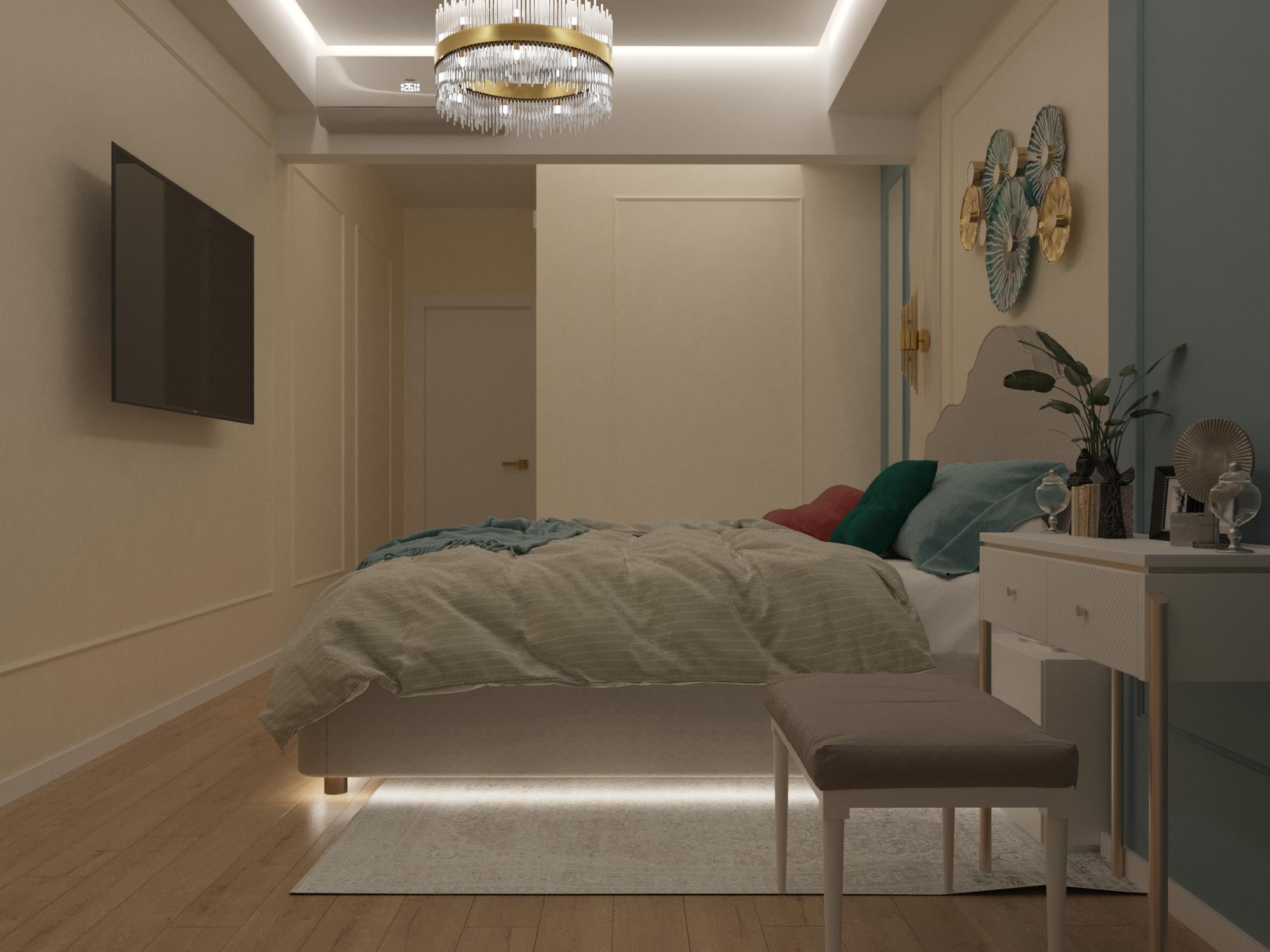Интерьер спальни cветовыми линиями, подсветкой светодиодной и светильниками над кроватью