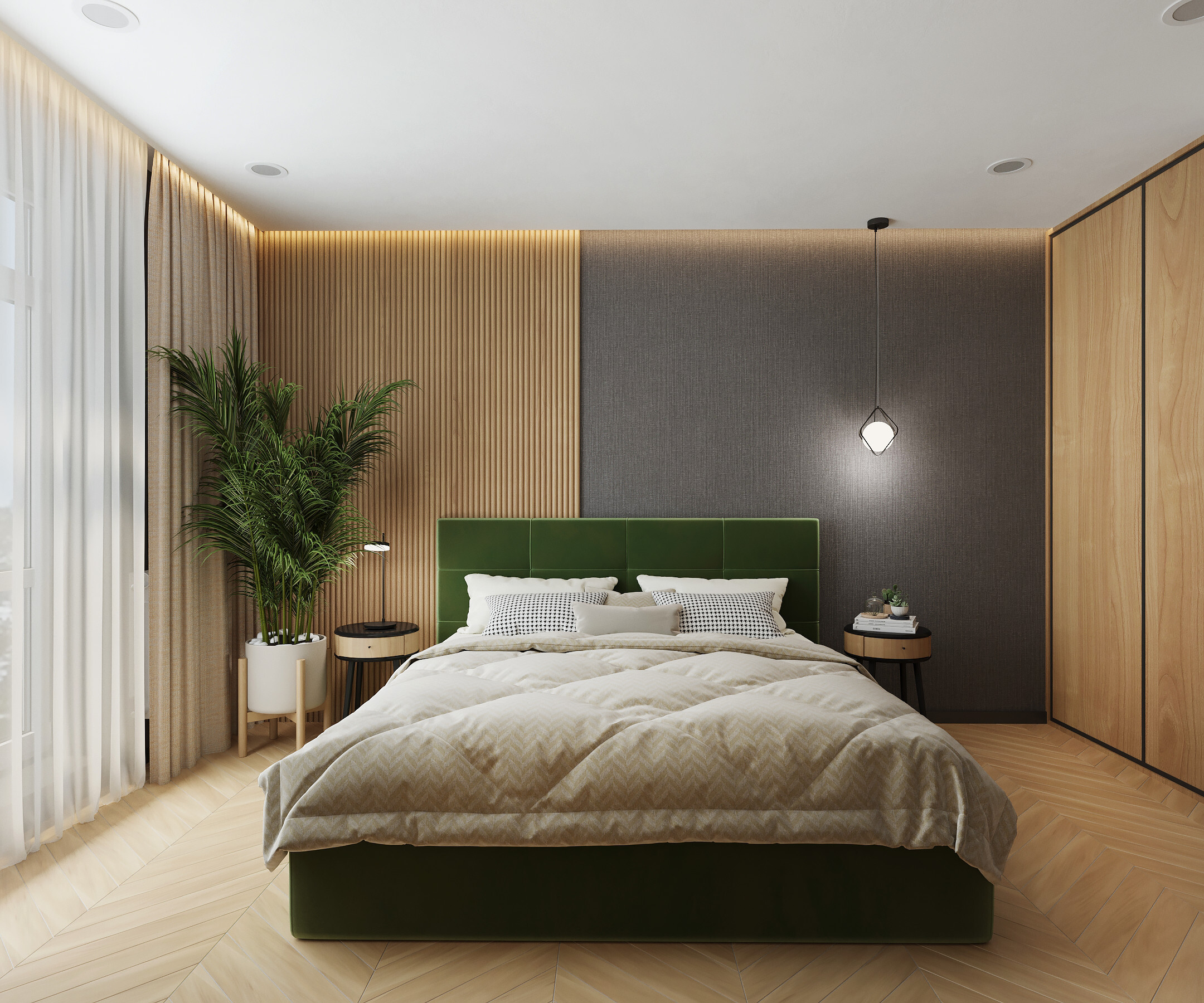 Интерьер спальни с бра над кроватью, подсветкой настенной, подсветкой светодиодной и светильниками над кроватью в скандинавском стиле