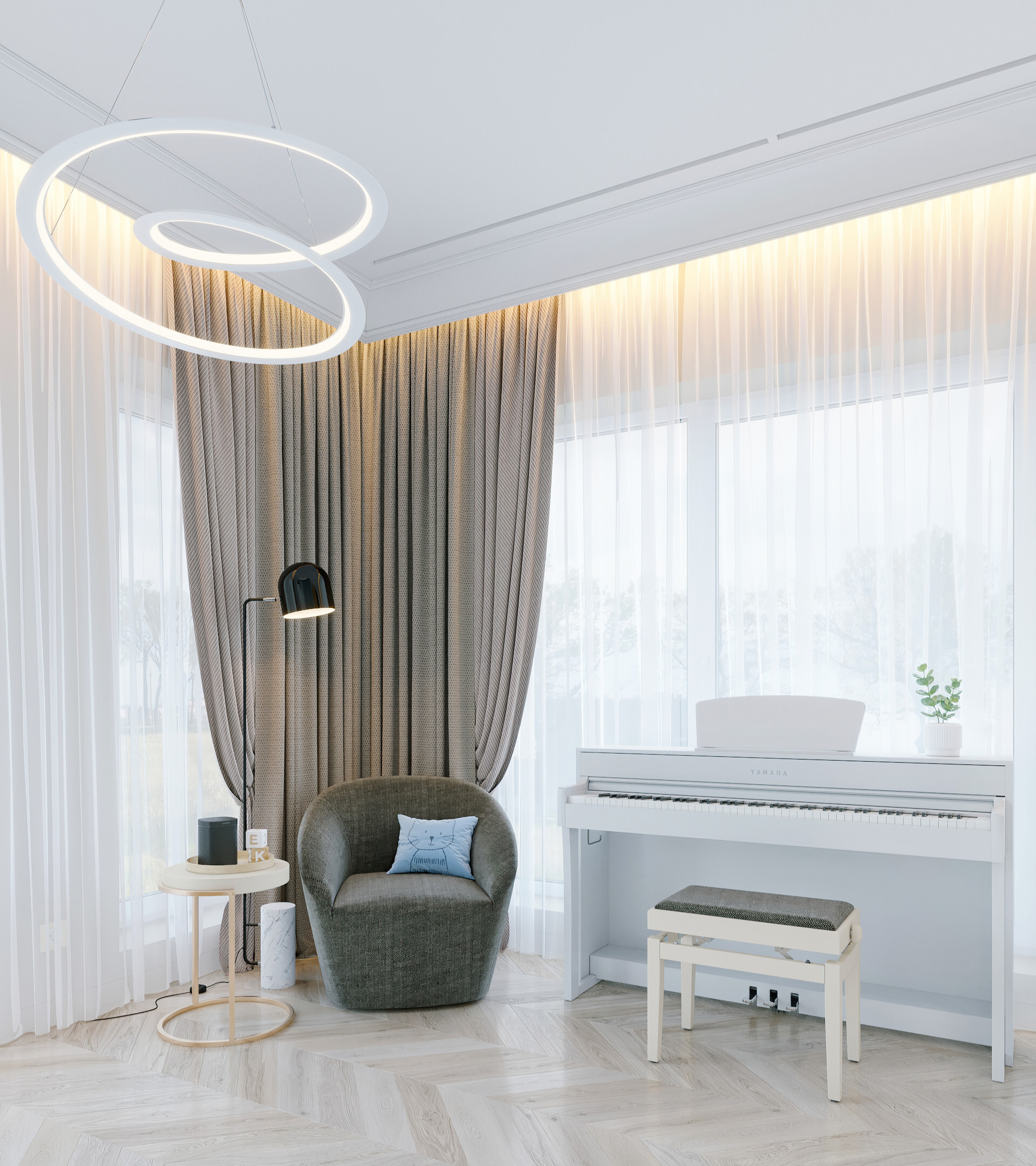 Интерьер гостиной cветовыми линиями, рейками с подсветкой и подсветкой светодиодной в классическом стиле