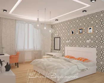 Интерьер спальни с проходной и светильниками над кроватью  смотреть на Basicdecor