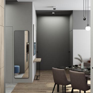 Интерьер гостиной с зеркалом на двери  смотреть на Basicdecor