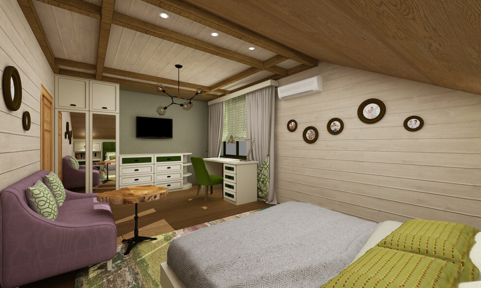Интерьер спальни c рабочим местом, в деревянном доме и сауной в стиле кантри