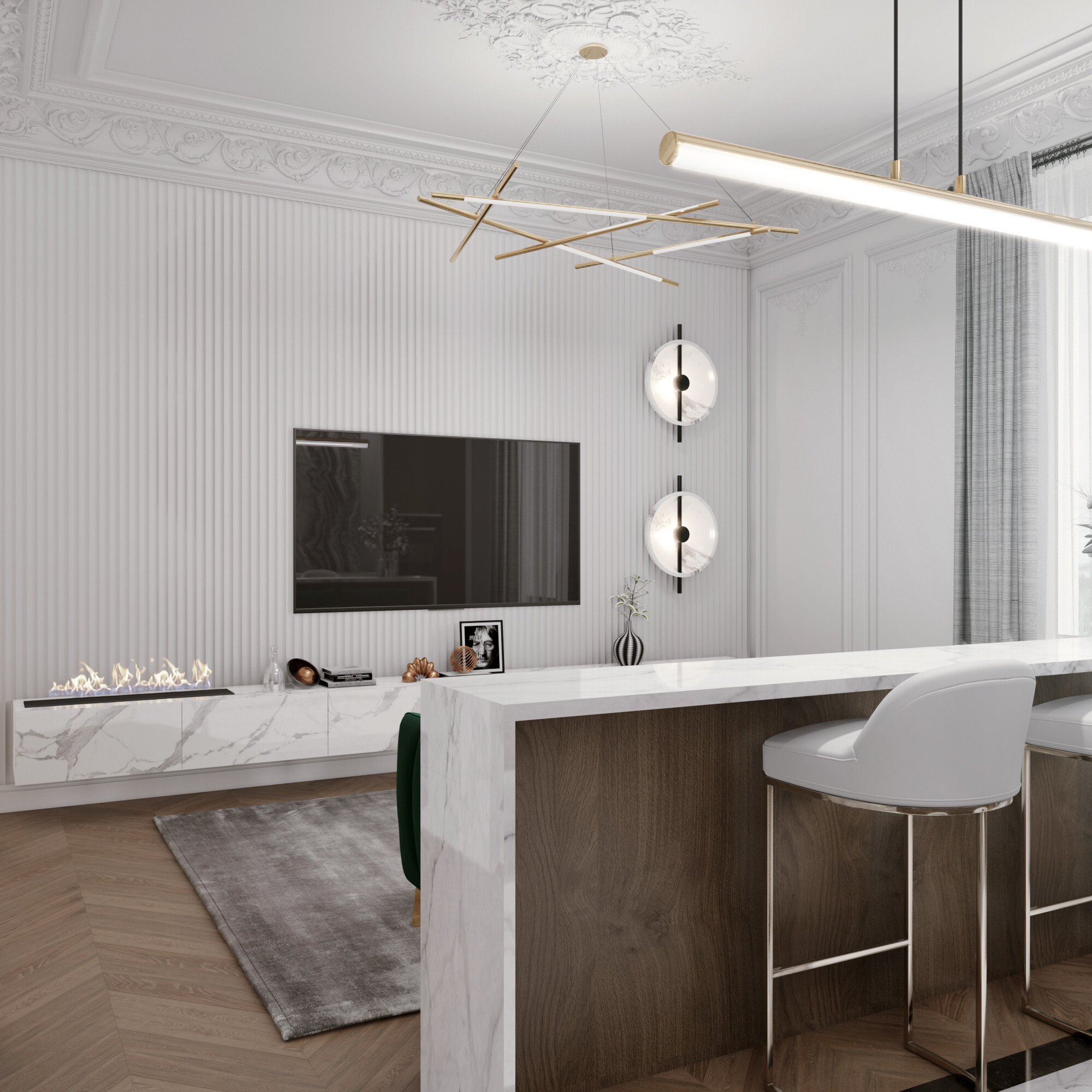 Интерьер кухни с рейками с подсветкой, подсветкой настенной и подсветкой светодиодной в современном стиле