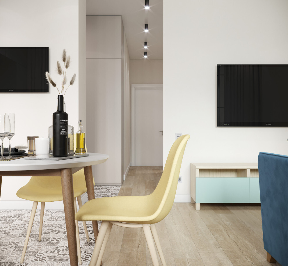 Интерьер кухни с керамогранитом на стену с телевизором и подсветкой настенной в современном стиле
