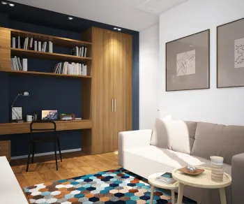 Интерьер гостиной c рабочим местом в современном стиле смотреть на Basicdecor