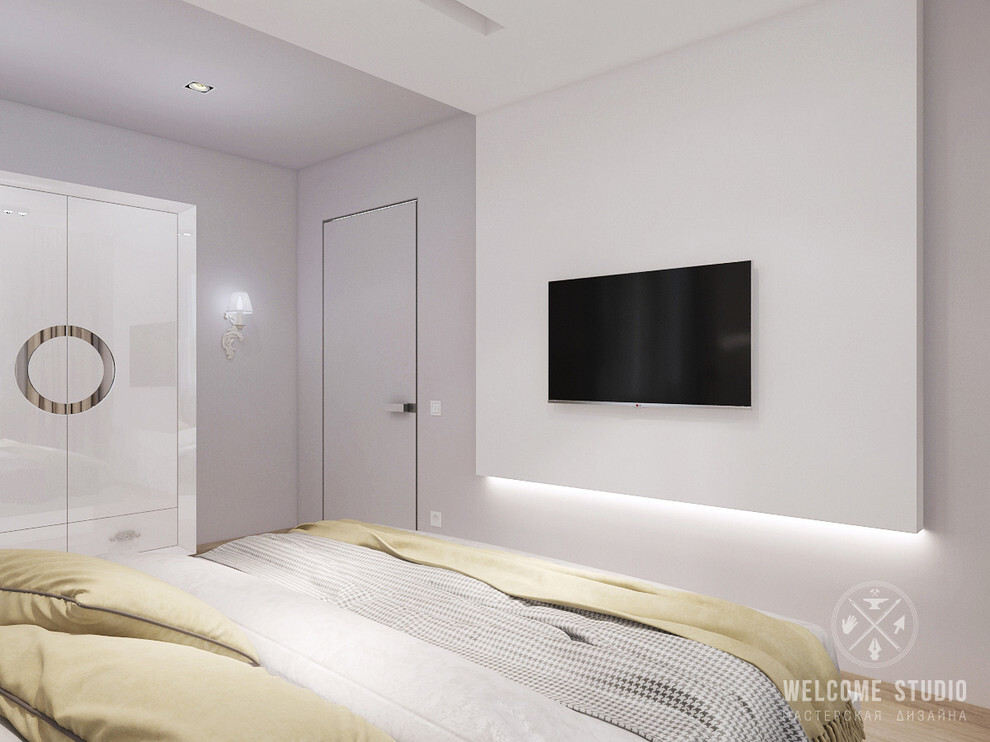 Интерьер спальни с нишей с подсветкой, подсветкой настенной, подсветкой светодиодной, светильниками над кроватью и с подсветкой в модернизме