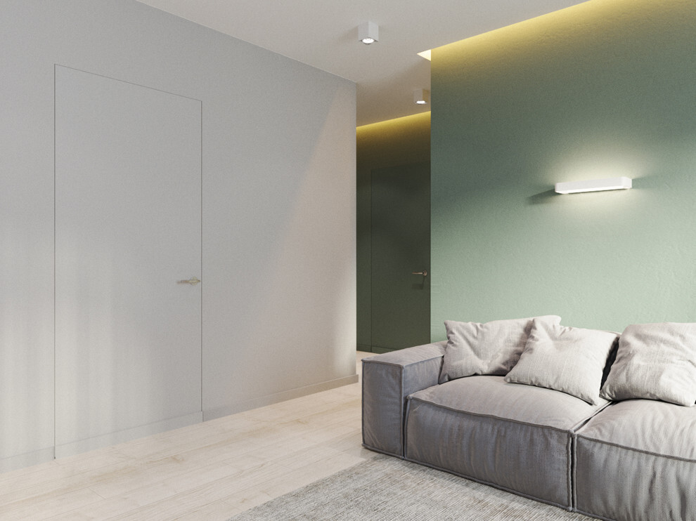 Интерьер спальни cветовыми линиями, рейками с подсветкой, подсветкой настенной и подсветкой светодиодной в современном стиле