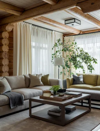 Интерьер гостиной с диваном у окна, окном и панорамными окнами  смотреть на Basicdecor