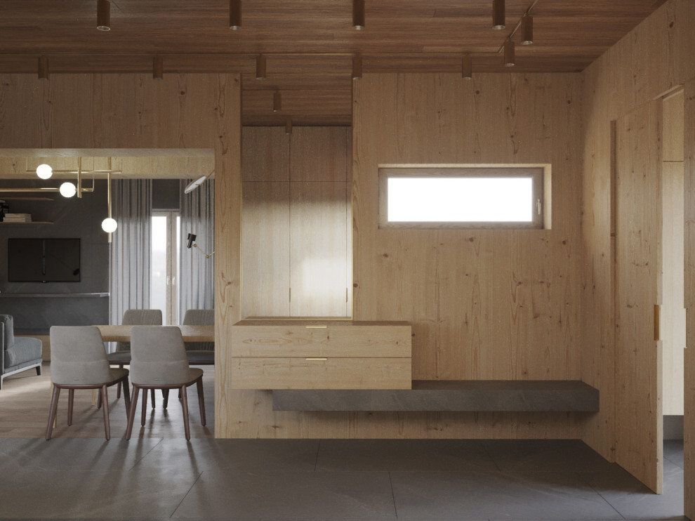 Интерьер с в деревянном доме в современном стиле