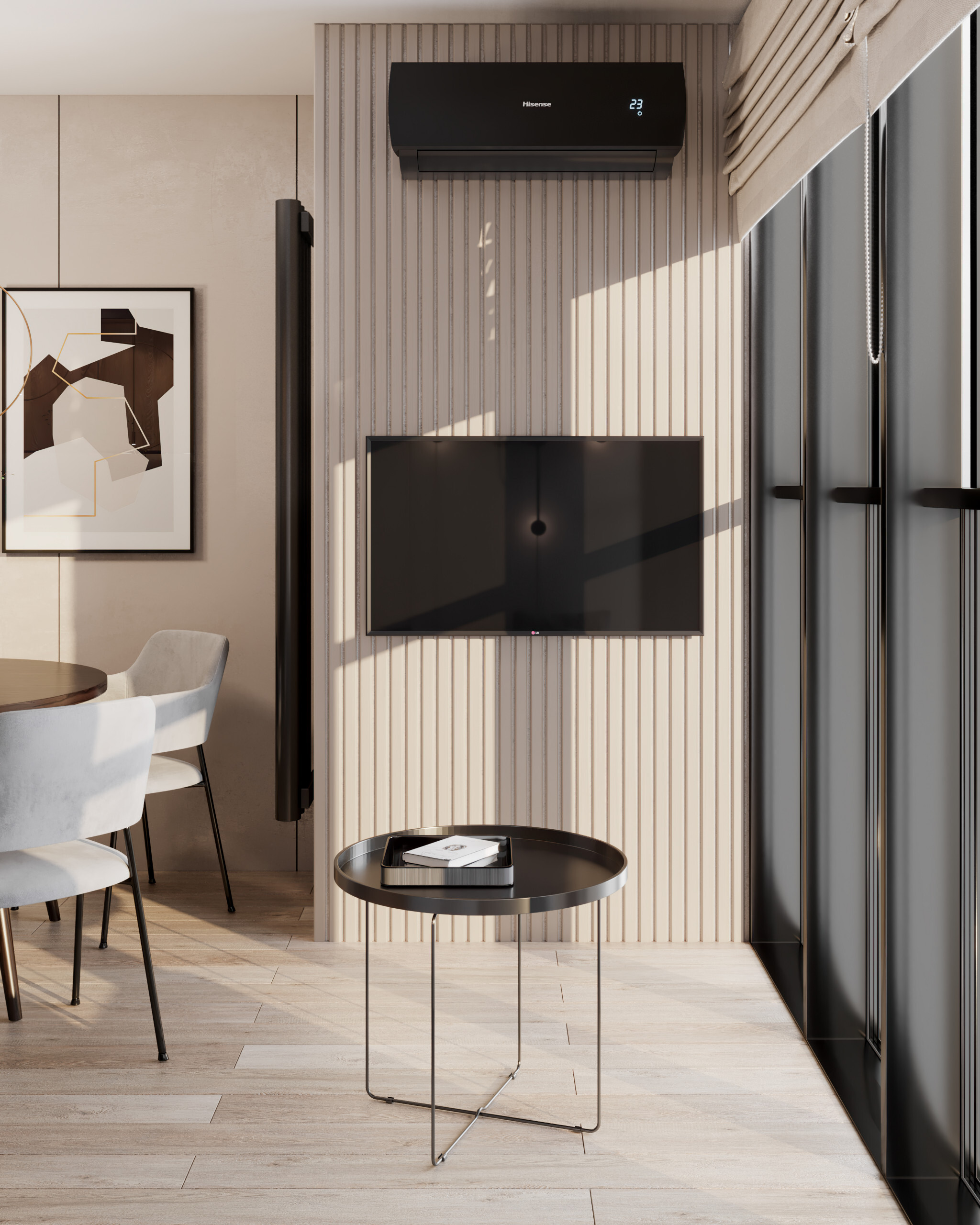 Интерьер кухни с панно за телевизором, стеной с телевизором, телевизором на стене и керамогранитом на стену с телевизором в современном стиле