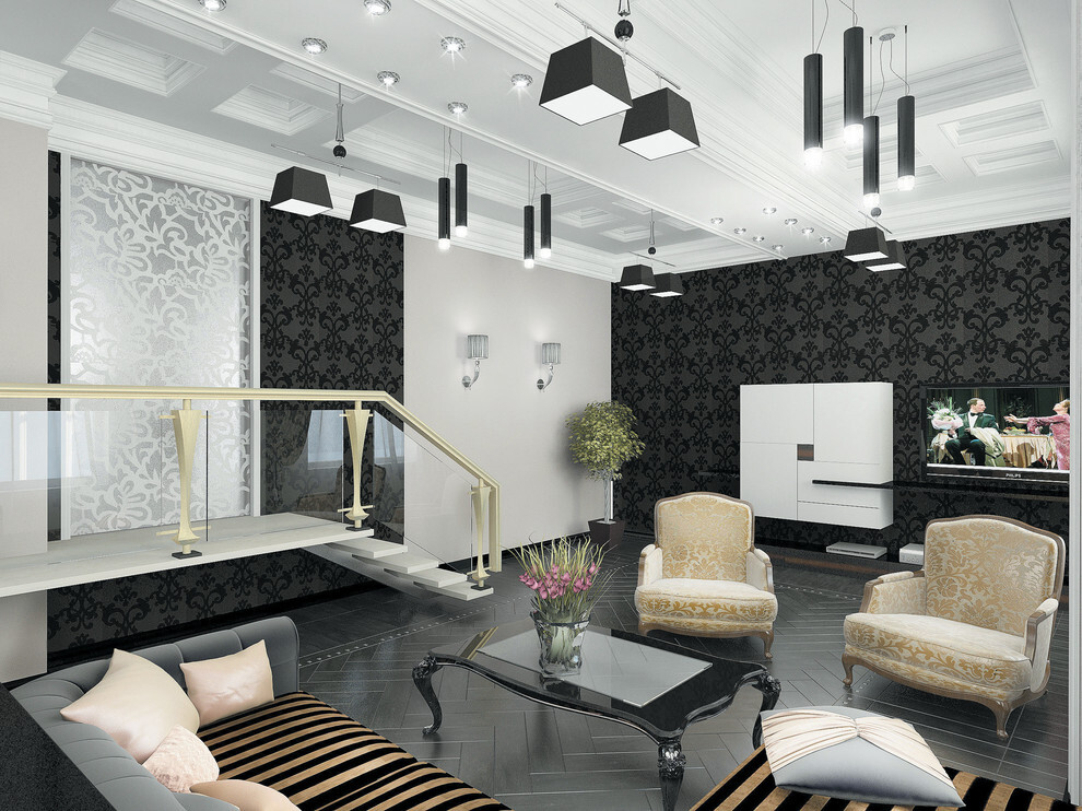 Интерьер гостиной cветовыми линиями, подсветкой настенной, подсветкой светодиодной и с подсветкой в современном стиле и готике