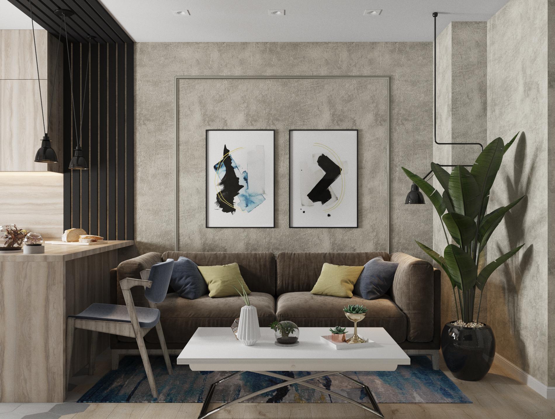 Интерьер гостиной с керамогранитом на стену с телевизором и стеной за диваном в стиле лофт