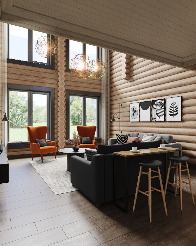 Интерьер гостиной с в деревянном доме, сауной и подсветкой настенной в стиле лофт