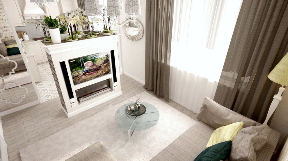 Интерьер гостиной c рабочим местом и керамогранитом на стену с телевизором в классическом стиле