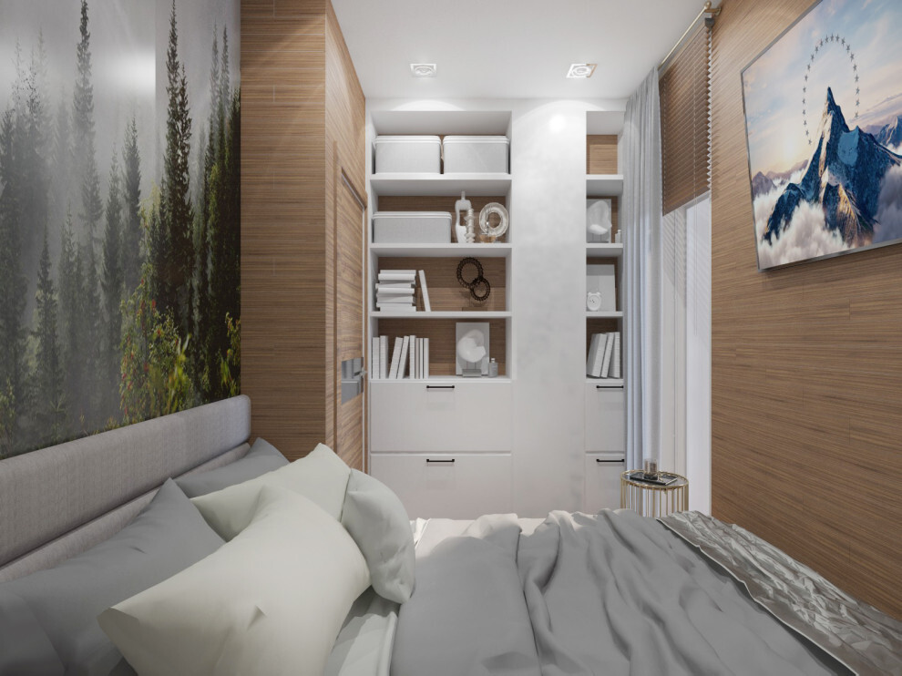 Интерьер с кроватью у двери, шкафом над кроватью, шкафом напротив кровати и шкафом у кровати в стиле лофт и эко