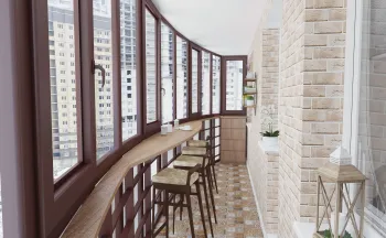 Интерьер с барной стойкой, балконом и панорамными окнами  смотреть на Basicdecor