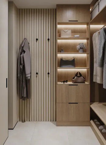 Интерьер прихожей с проходной и шкафом у кровати  смотреть на Basicdecor