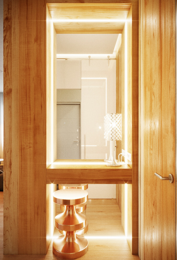 Интерьер коридора с зеркалом на двери, рейками с подсветкой, подсветкой настенной, подсветкой светодиодной и с подсветкой в современном стиле