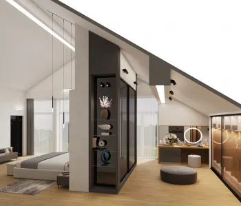 Интерьер спальни с на мансарде и с подсветкой  смотреть на Basicdecor