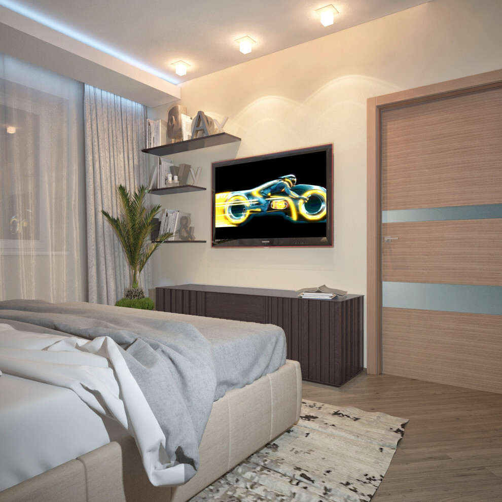 Интерьер спальни с керамогранитом на стену с телевизором, подсветкой настенной и подсветкой светодиодной в стиле лофт