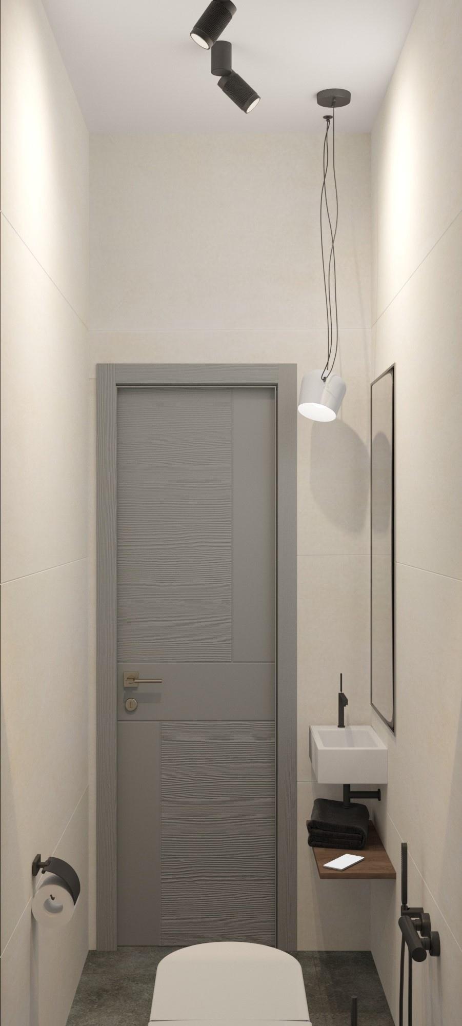 Интерьер ванной cветовыми линиями, подсветкой настенной, подсветкой светодиодной и дверными жалюзи
