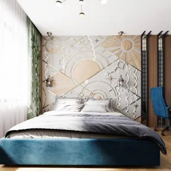 Интерьер спальни с акцентными обоями за кроватью  смотреть на Basicdecor