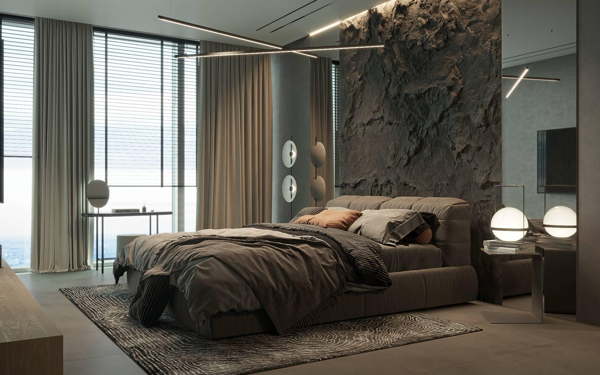 Интерьер спальни с бра над кроватью и светильниками над кроватью в современном стиле, в стиле лофт и гранже